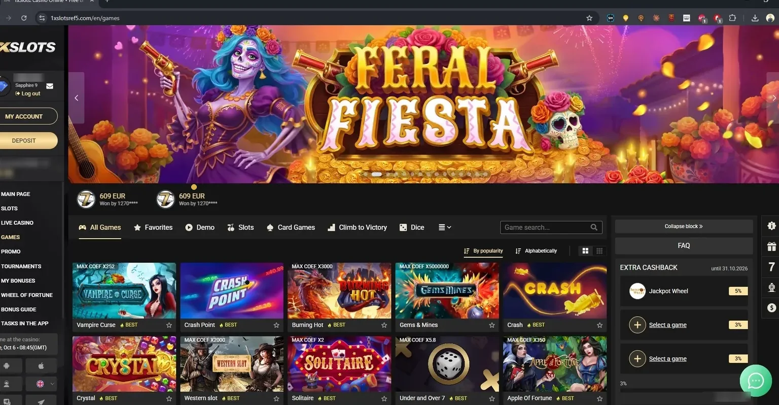 Stranica igara 1xSlots sa dodatnim kešbekom na izabrane igre