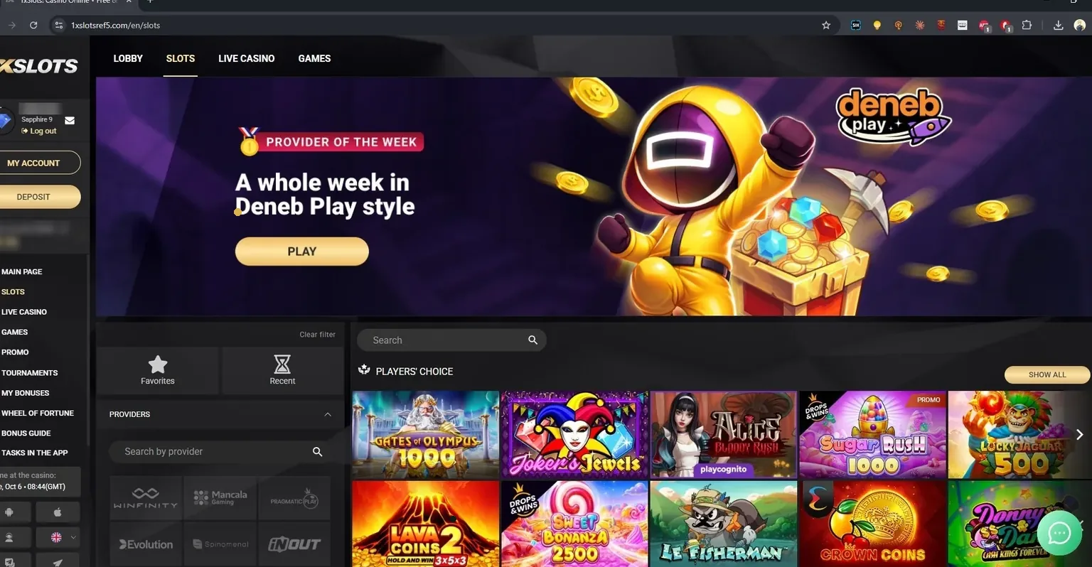 Lobi slotova 1xSlots sa filterom po provajderu