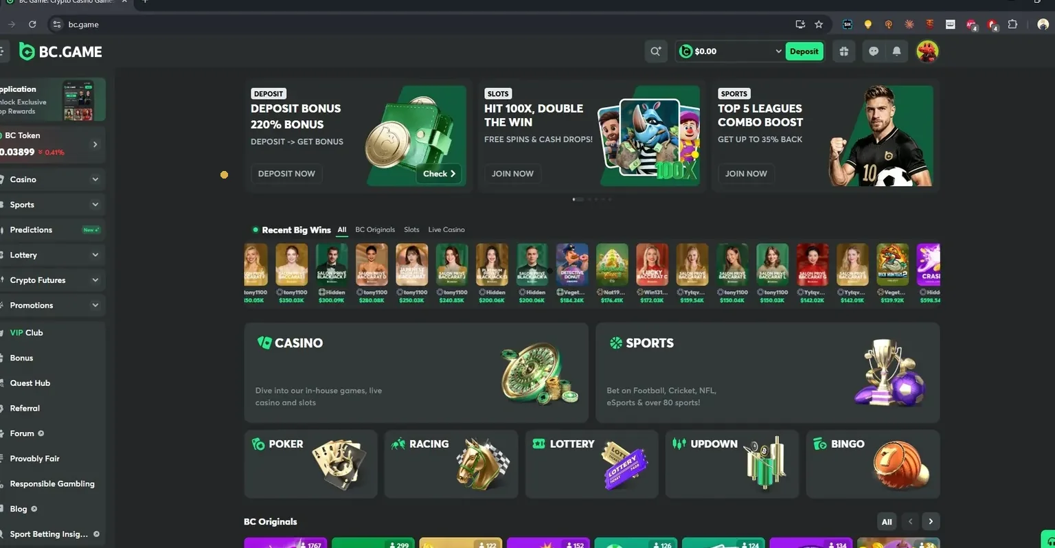 Početna strana BC.Game sa kazinom, kladionicom, pokerom, trkama i lutrijom