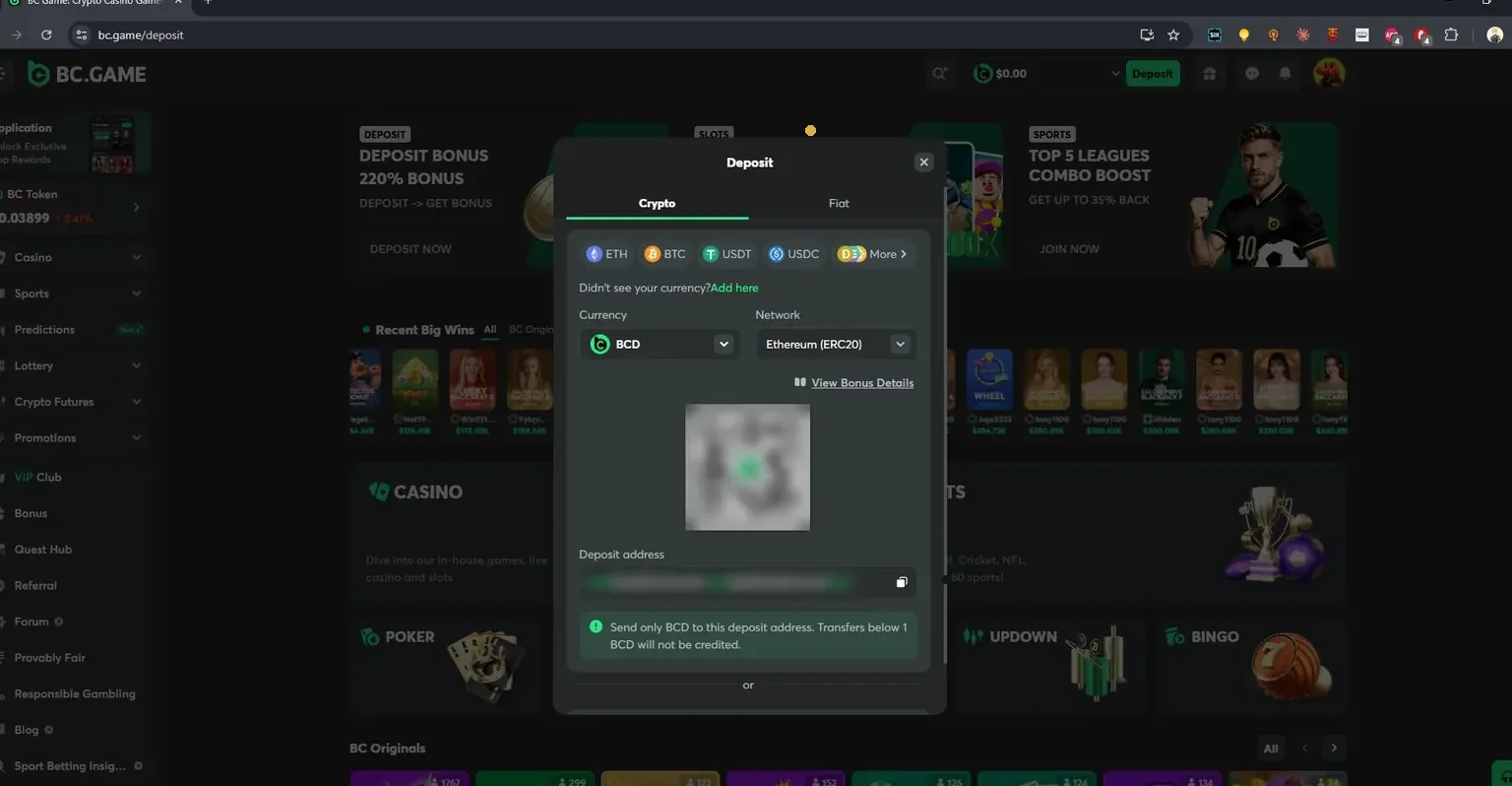 Prozor za uplatu BC.Game: kripto kartica sa ETH, BTC, USDT, USDC i izborom mreže