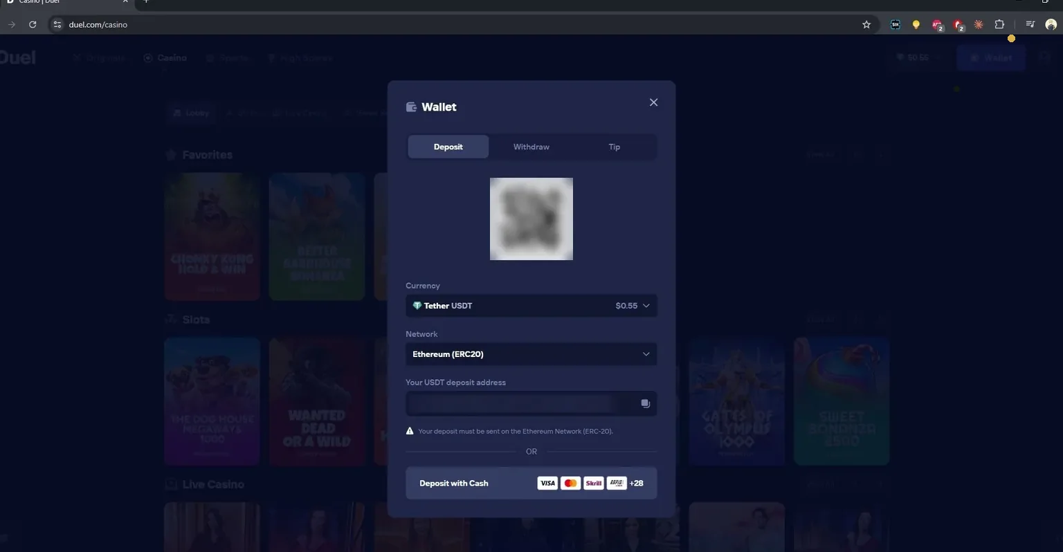 Prozor za uplatu u Duel kazinu sa izabranim USDT na Ethereum mreži