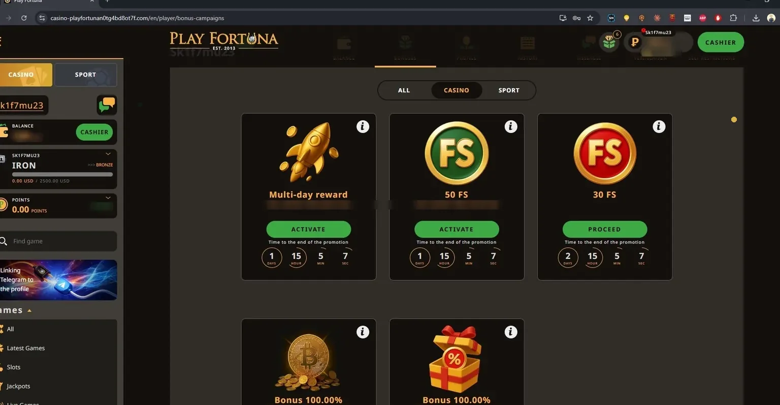 Stranica akcija Play Fortuna sa besplatnim spinovima i bonusima na uplatu