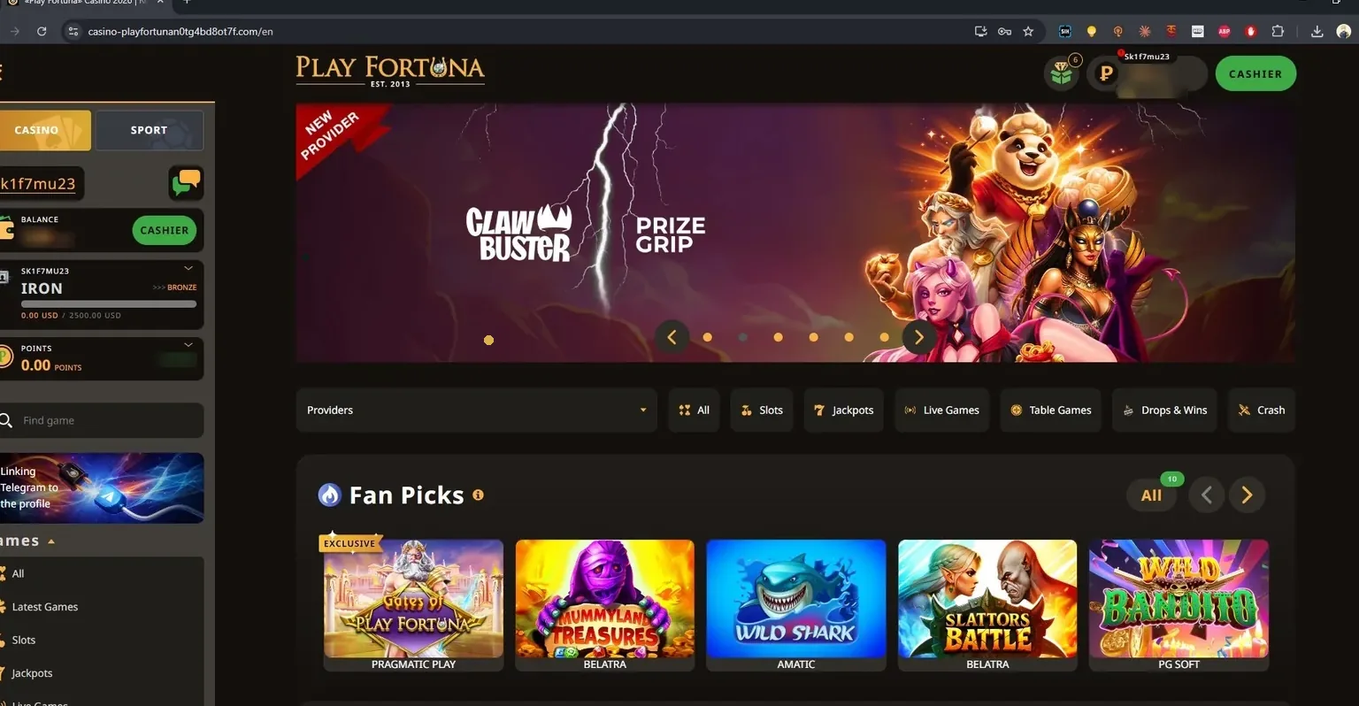 Engleska verzija početne strane Play Fortuna