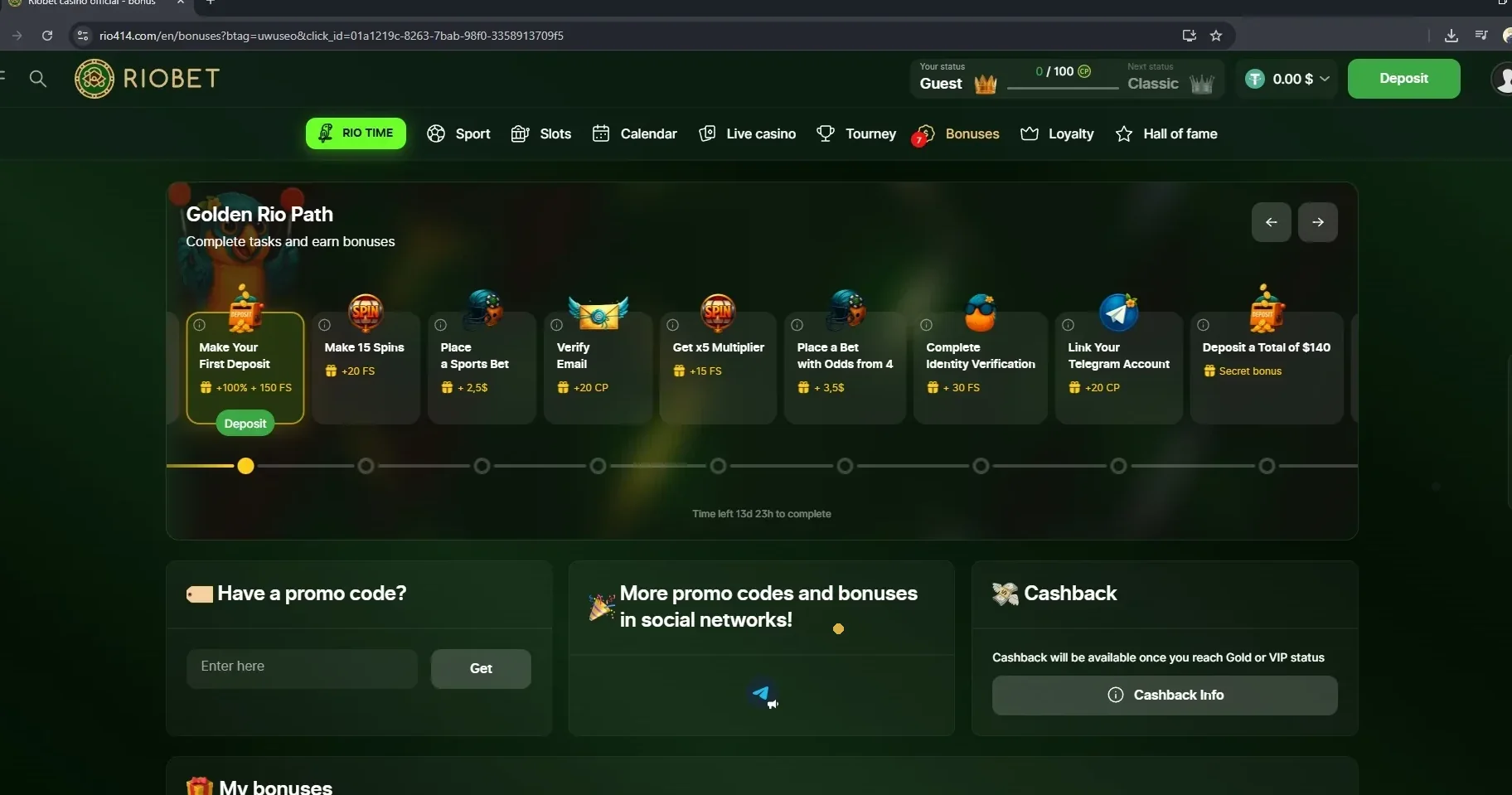 Riobet stranica bonusa sa zadacima Golden Rio Path, promo kodom i kešbekom