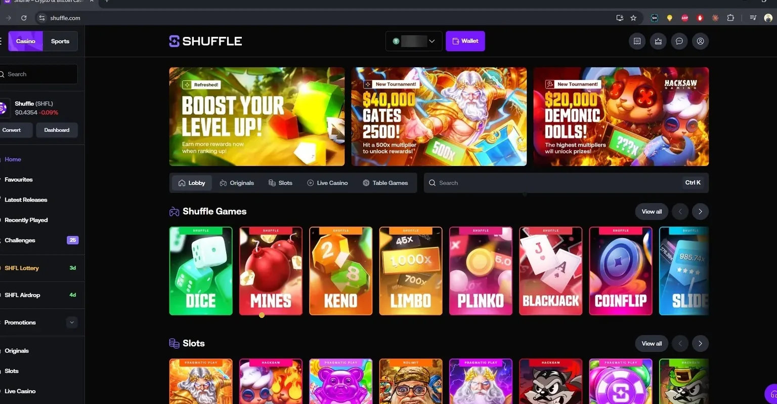 Lobi Shuffle kazina sa igrama Dice, Mines, Keno, Limbo i Plinko