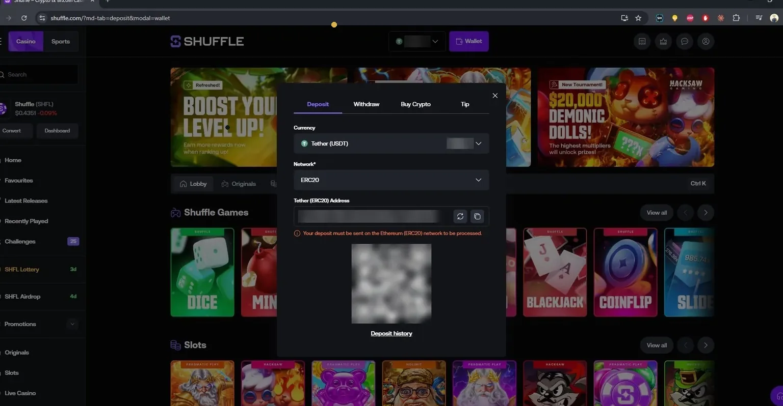 Prozor za uplatu u Shuffle kazinu sa USDT na ERC20 mreži