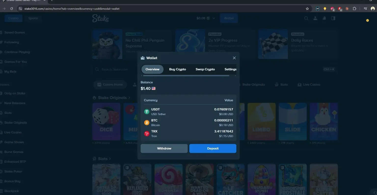 Stake novčanik sa saldom u USDT, BTC i TRX