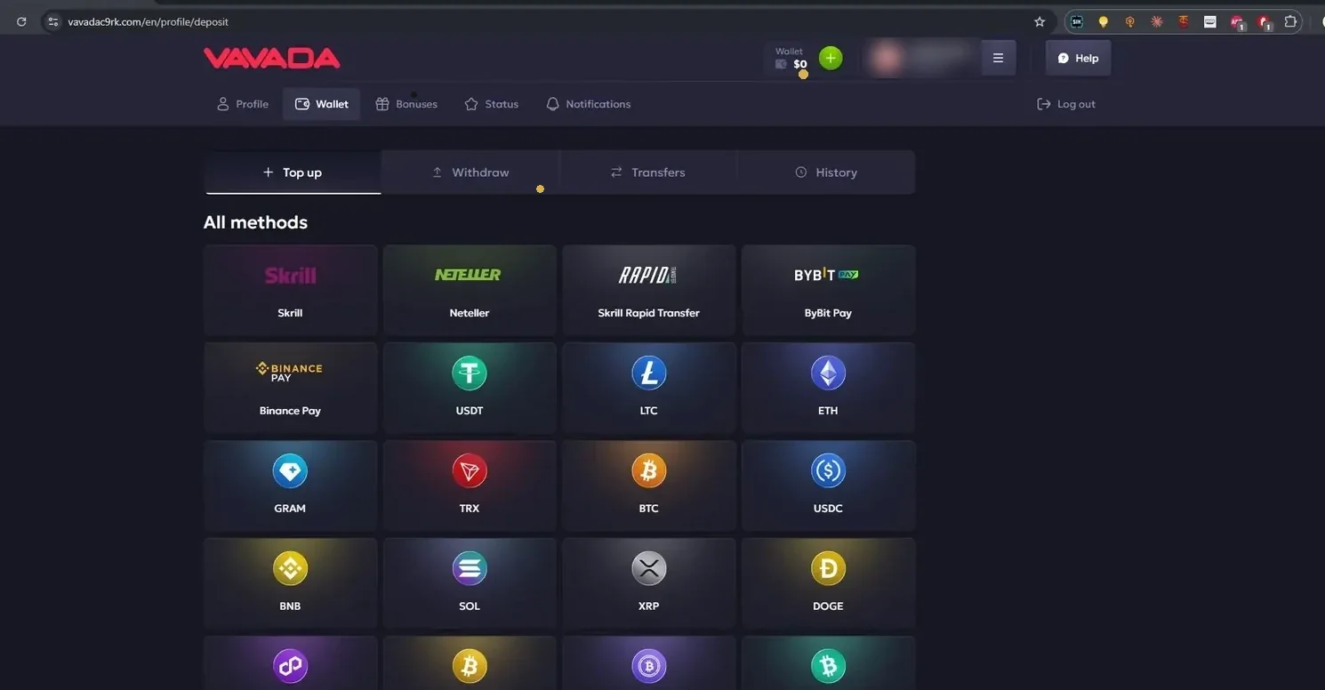 Vavada novčanik: Skrill, Neteller, Bybit Pay, Binance Pay, USDT, BTC, ETH i druge kriptovalute