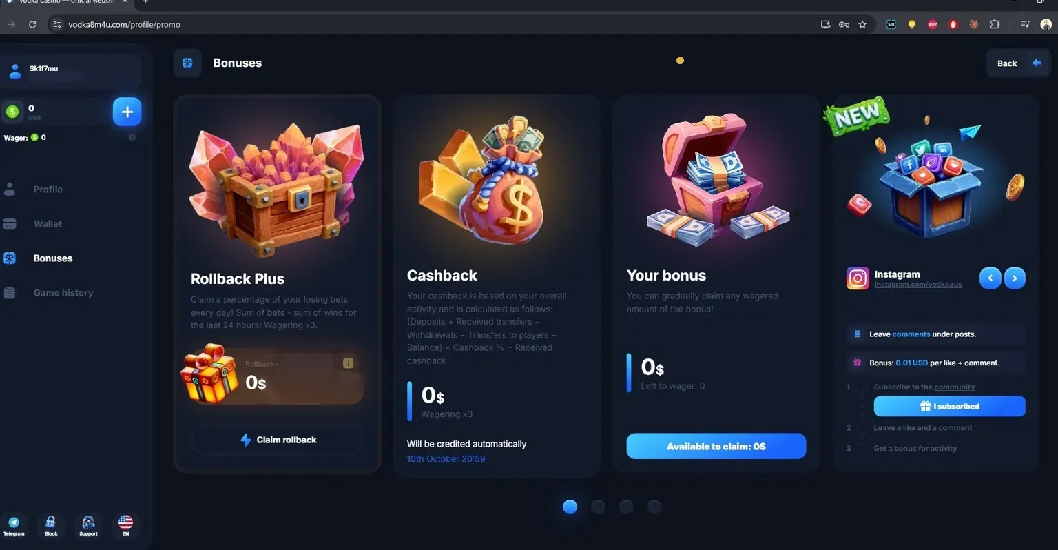 Stranica bonusa Vodka Bet sa Rollback Plus, kešbekom i bonus saldom