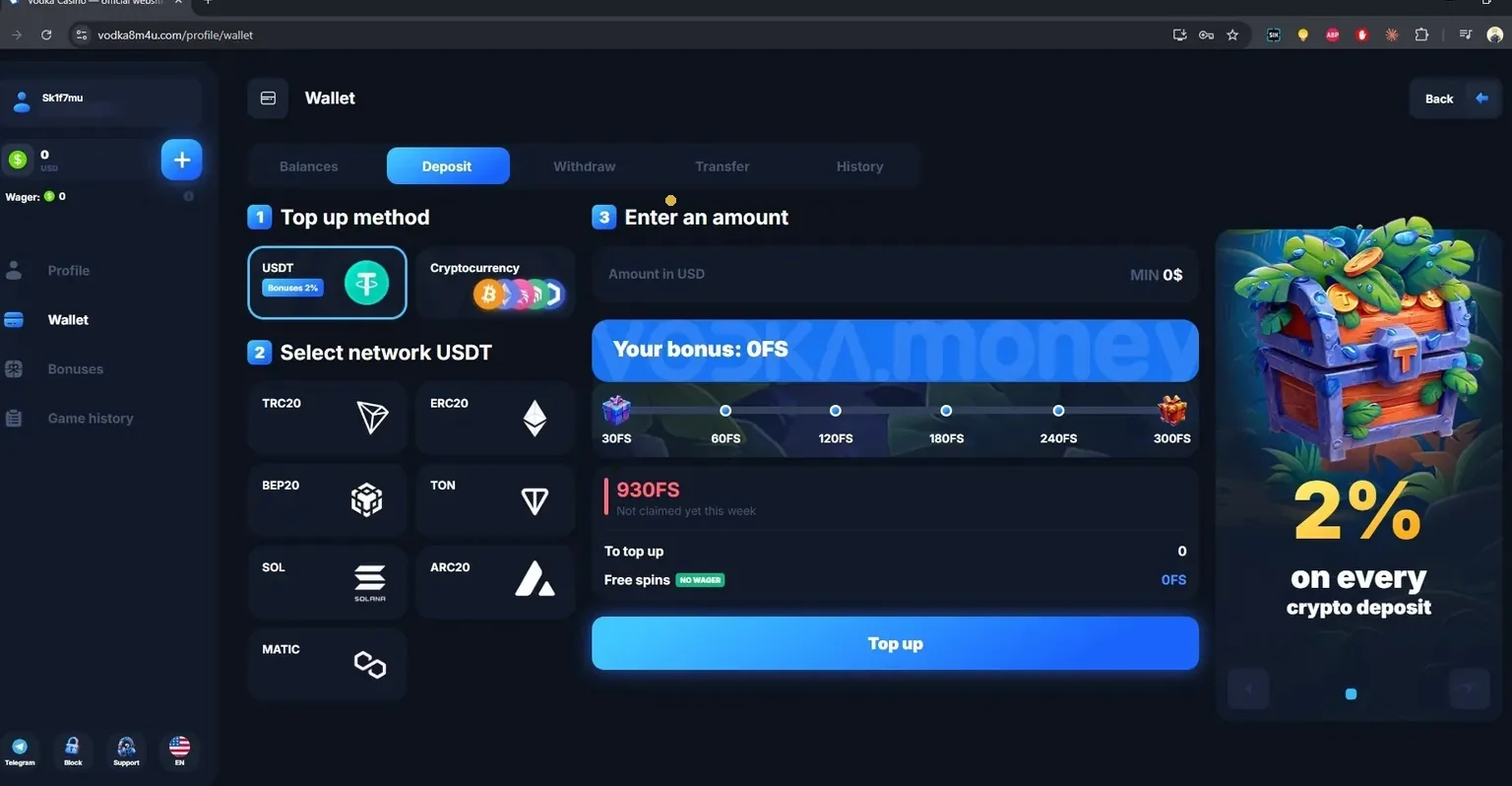 Uplata USDT u Vodka Bet sa mrežama TRC20, ERC20, BEP20, TON, SOL, ARC20 i MATIC